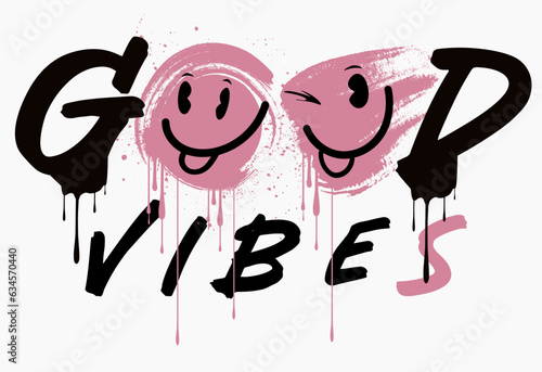 Happy Doodle Simple Faces, Urban graffiti smiley face illustration print with good vibes slogan for graphic tee t shirt or poster, Vector