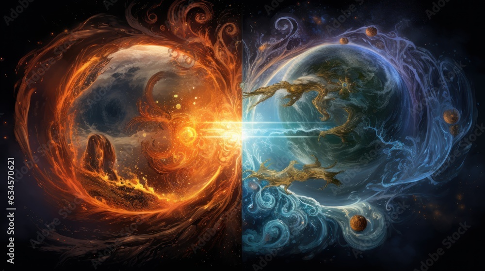 Elemental Fusion: Elements of fire, water, air, and earth converging to create a balanced universe | generative AI Elemental Fusion: Elements of fire, water, air, and earth converging to create a balanced universe | generative AI