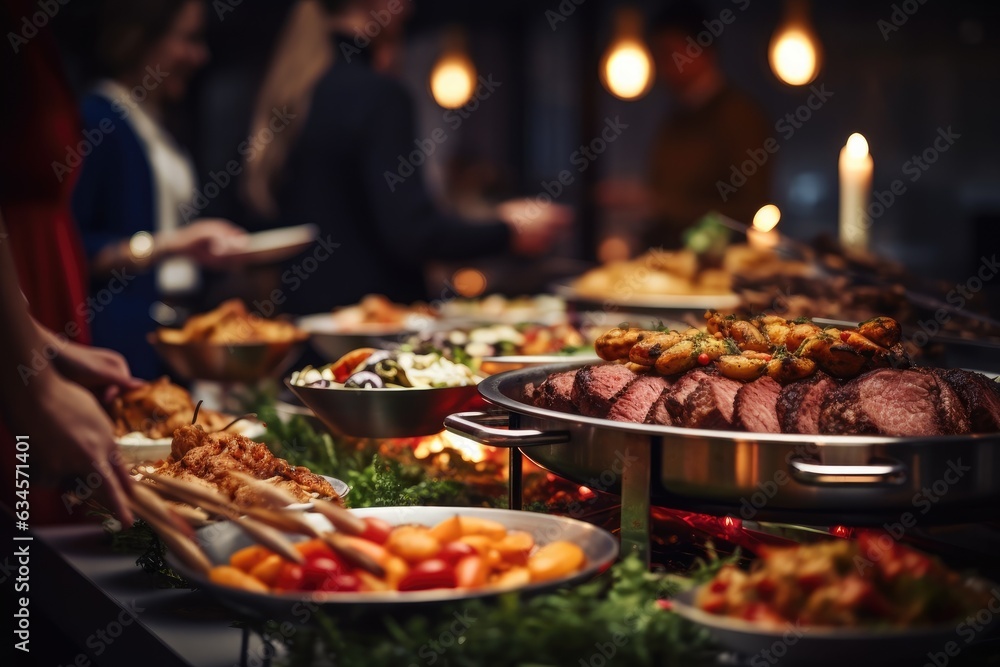 Group of people on catering buffet food indoor in restaurant with grilled meat. Group of people on catering buffet food indoor in restaurant with grilled meat.