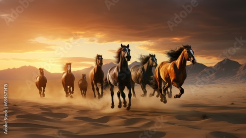 Fotografia Group of horses running gallop in the desert. Generative AI