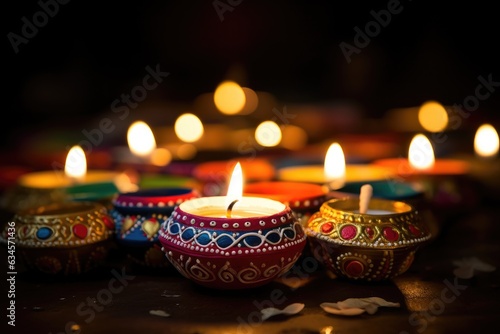 Happy Diwali. Clay Diya lamps during Diwali celebration, Hindu festival of lights celebration.