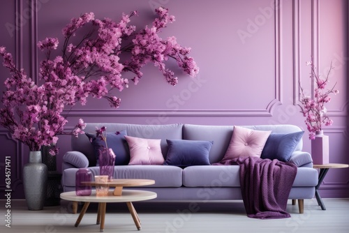 Modern purple living room design with sofa and furniture with flowers.