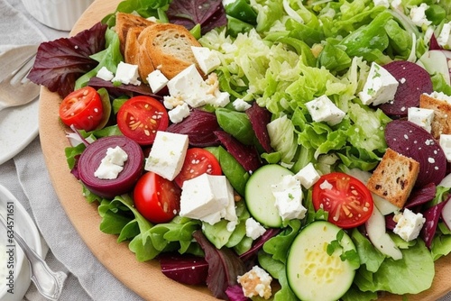 A delicious, green salad platter served with bread and dressing on the side, consisting of lettuce, beetroot, cucumber, scallions, cherry tomatoes, olives, sun-dried tomatoes, and feta