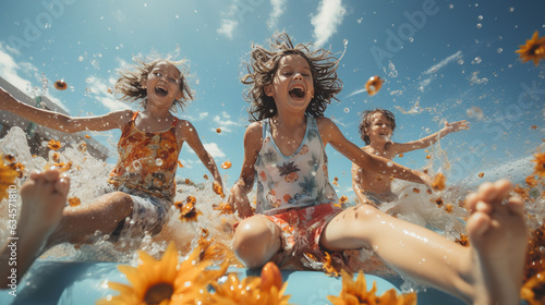Fototapeta Naklejka Na Ścianę i Meble -  Kids in a water slide at aqua park for summer vacation. Generative Ai