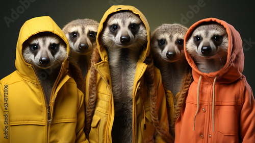 Meerkat in a group in a fashion outfit. Generative Ai photo