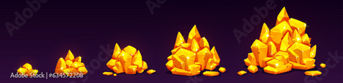 Gold nugget stone pile small and large game vector cartoon icon. Gem rock treasure block illustration. Isolated different size amber metal heap luxury prop in digital shop. Yellow glossy boulder piece