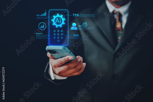 Businessmen using smartphones show work commands, unlock chat security using chatbot programs for artificial intelligence ideas or AI technology. 
