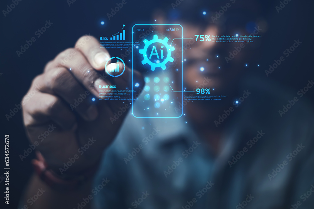 Fototapeta premium Businessmen using smartphones show work commands, unlock chat security using chatbot programs for artificial intelligence ideas or AI technology.