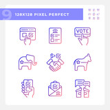 2D pixel perfect gradient icons set representing voting, isolated vector illustration of politics and election.