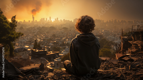 Rear view child looking at buildings and cityscape destroyed in the earthquake. Generative Ai
