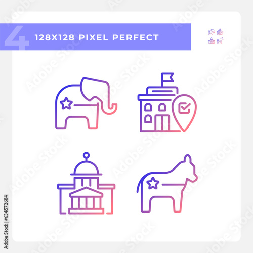 2D pixel perfect gradient icons representing voting and political parties, isolated vector illustration, politics and election signs.