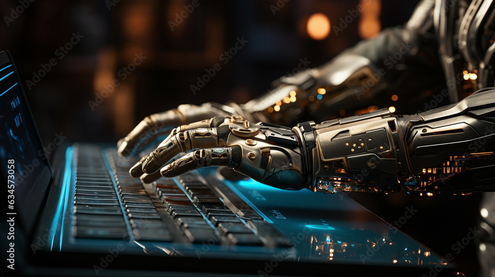 Fototapeta premium Robotic arm typing in computer keyboard. Generative Ai