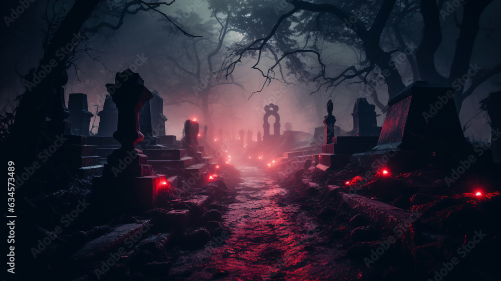 Fototapeta premium Glowing pathway through a foggy graveyard adorned with spooky tombstones. Halloween flyers and posters backdrop.