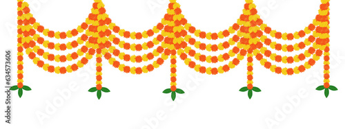 Traditional indian marigold  floral garland vector,wedding and festival decoration,border flower decoration with transparent background