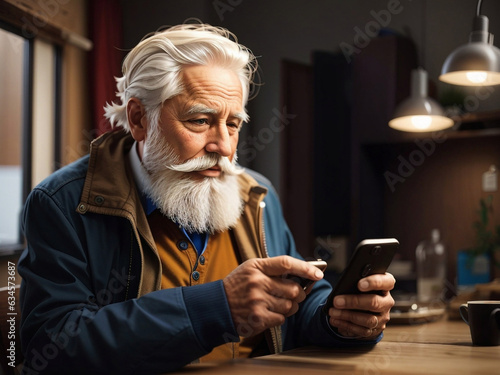 Realistic photo a elder man with a beard looks at a phone by Generative AI