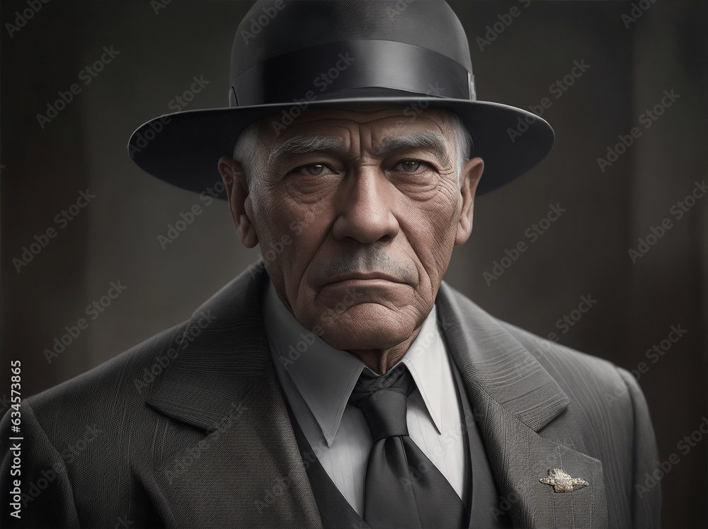 Realistic photo of gangster senior man 1920 year by Generative AI Realistic photo of gangster senior man 1920 year by Generative AI