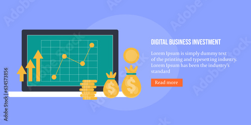 Business growth financial increment data displays on laptop screen, money, profit and sales revenue, return on investment digital financial technology illustration concept.