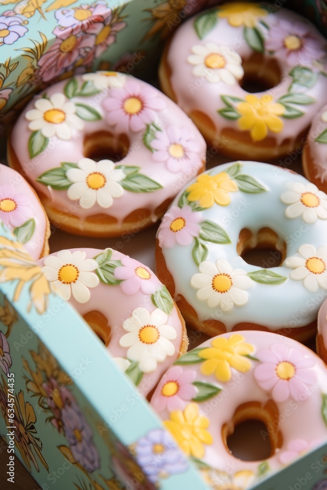 A colorful array of pastel donuts sprinkled with sweetness and glaze, arranged among a bed of beautiful flowers, creates a delightful indoor snack that is sure to satisfy any craving for confectioner