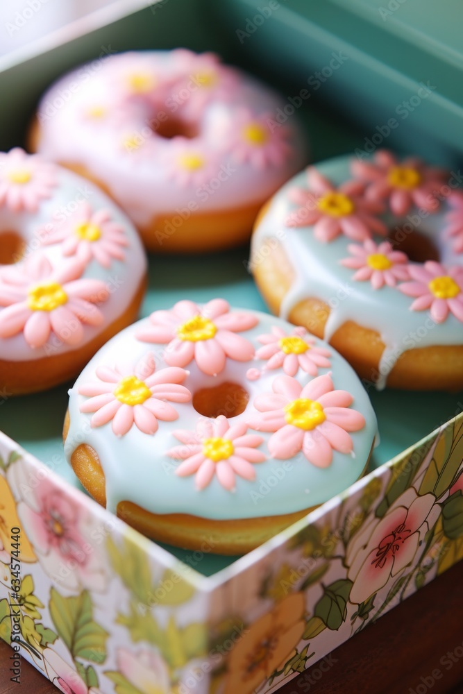 This beautiful pastel box of donuts adorned with glistening sprinkles and colorful flowers evokes a sense of warmth and sweetness that brings a smile to anyone's face This beautiful pastel box of donuts adorned with glistening sprinkles and colorful flowers evokes a sense of warmth and sweetness that brings a smile to anyone's face