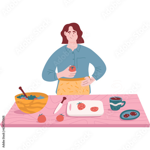 Vector woman cooking food at home kitchen icon