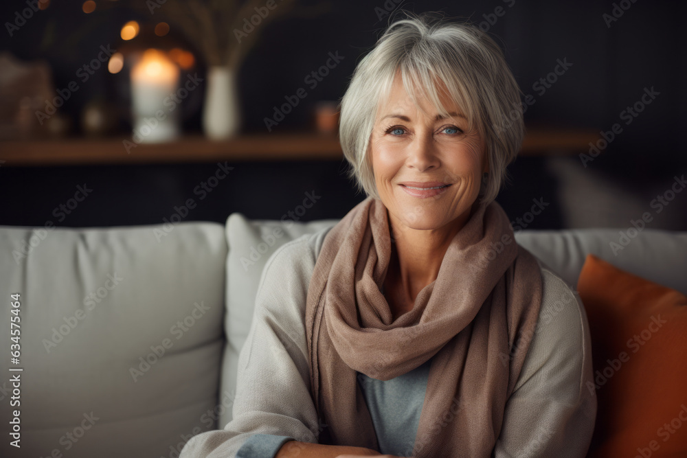 Cheerful beautiful middle aged grey haired woman resting on comfortable sofa, looking away with toothy smile, thinking, daydreaming. Generative AI. Cheerful beautiful middle aged grey haired woman resting on comfortable sofa, looking away with toothy smile, thinking, daydreaming. Generative AI.