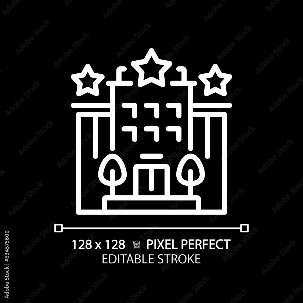 2D pixel perfect editable white hotel icon, isolated vector, building thin line illustration.