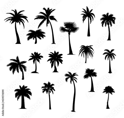 set of silhouettes of palm trees on isolated background