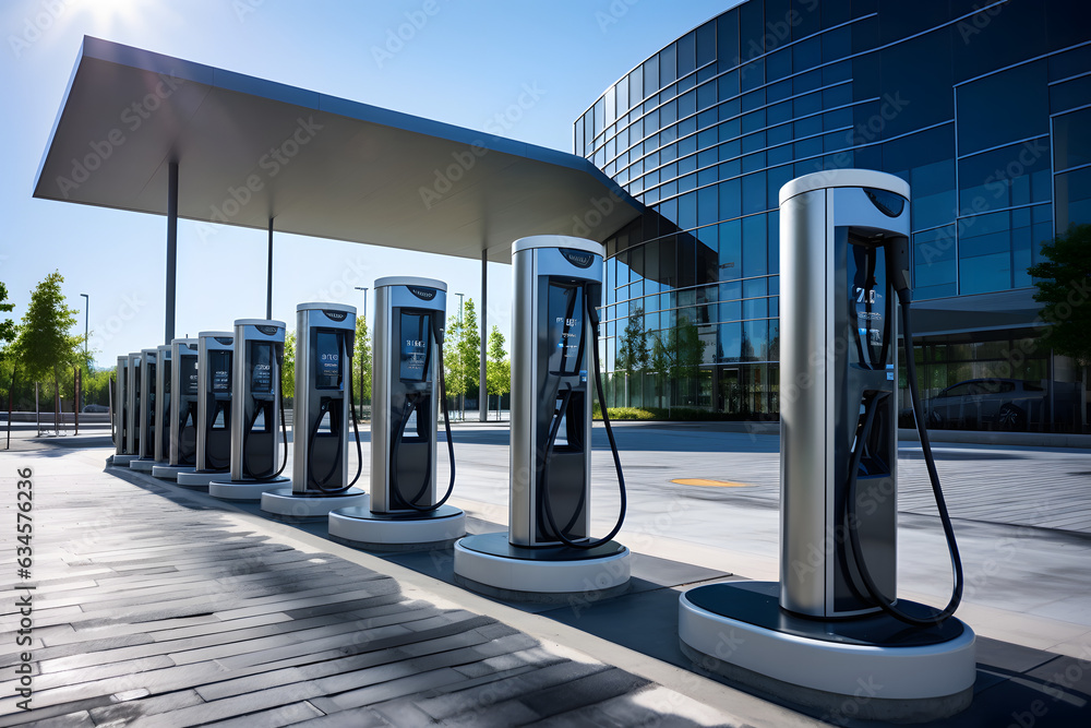 Row of charging stations for electric vehicles