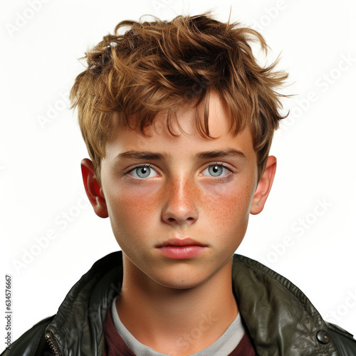 Professional studio head shot of a 13-year-old Czech boy with a perturbed expression.