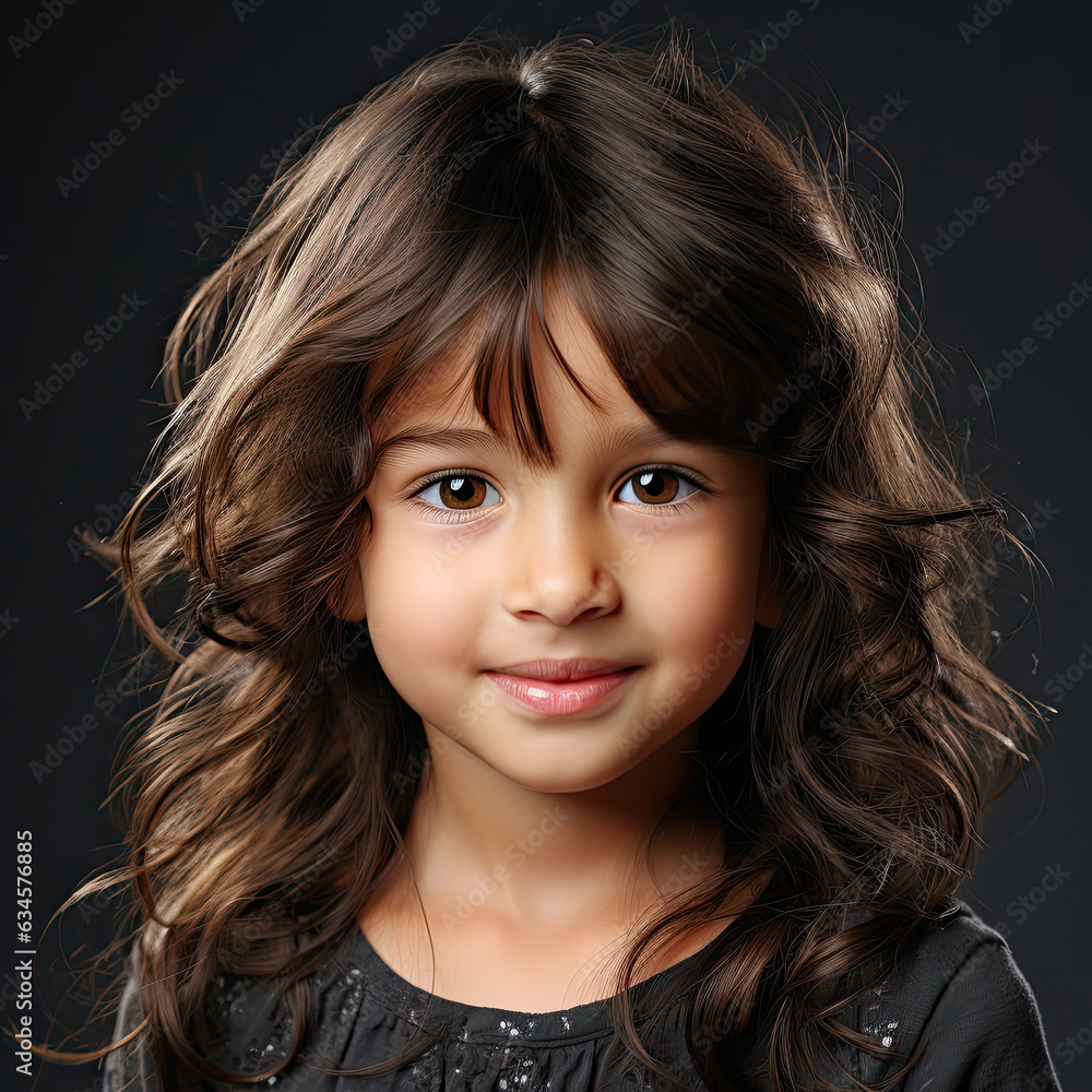 Professional studio head shot of a pleased 6-year-old Kazakh girl with a satisfied smirk. Professional studio head shot of a pleased 6-year-old Kazakh girl with a satisfied smirk.