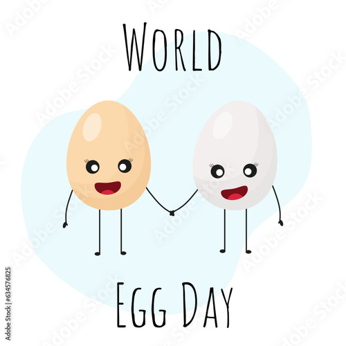 World egg day greeting card with vector funny cartoon cute smiling egg character 