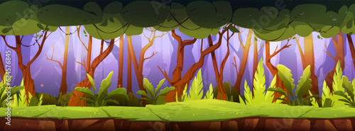 Seamless game forest landscape. Vector cartoon illustration of natural background with green grass on ground, lianas on trees, woodland shadows, fireflies in air. Adventure road for gui level design