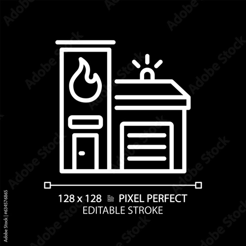 2D pixel perfect editable white fire brigade icon, isolated vector, building thin line illustration.