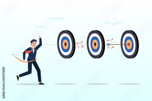 Businessman archery hit multiple bullseye with single arrow, completed multiple tasks with single action, business advantage or efficiency to success, achieve many targets with small effort (Vector)