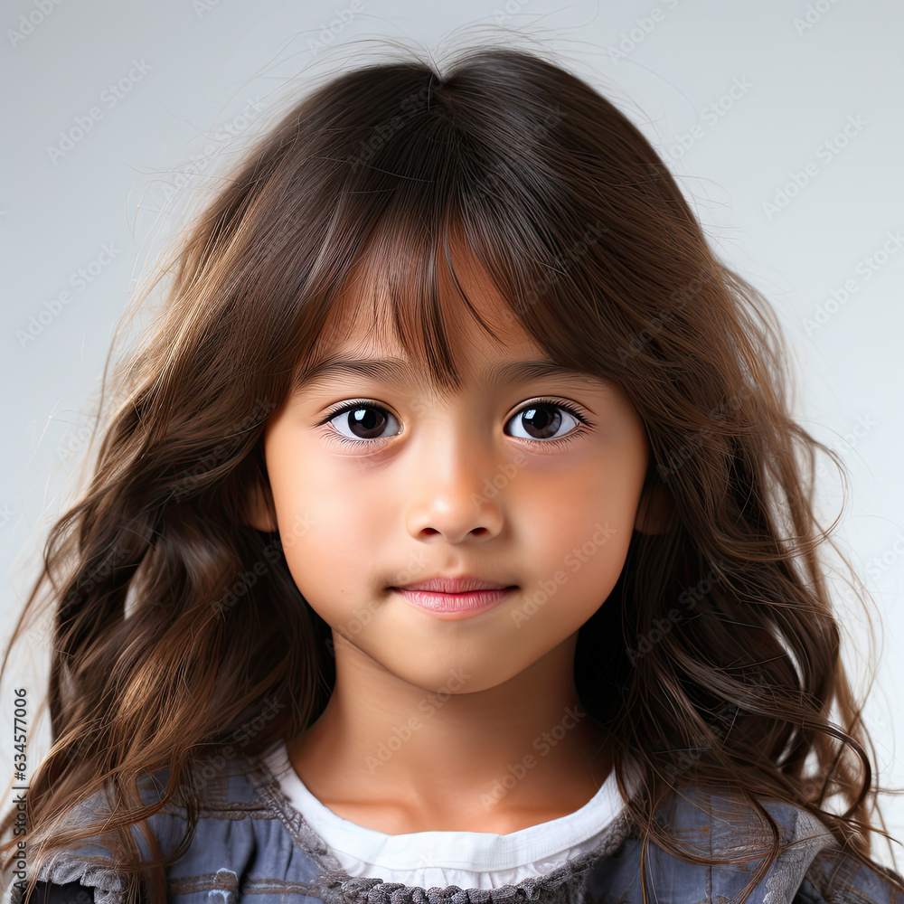 A full head shot of a confident 6-year-old Japanese girl looking directly into the camera. A full head shot of a confident 6-year-old Japanese girl looking directly into the camera.