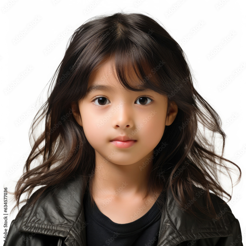 A full head shot of a confident 6-year-old Japanese girl looking directly into the camera.