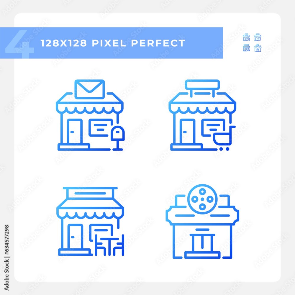 2D pixel perfect blue gradient icons set representing various architecture, thin line illustration. 2D pixel perfect blue gradient icons set representing various architecture, thin line illustration.
