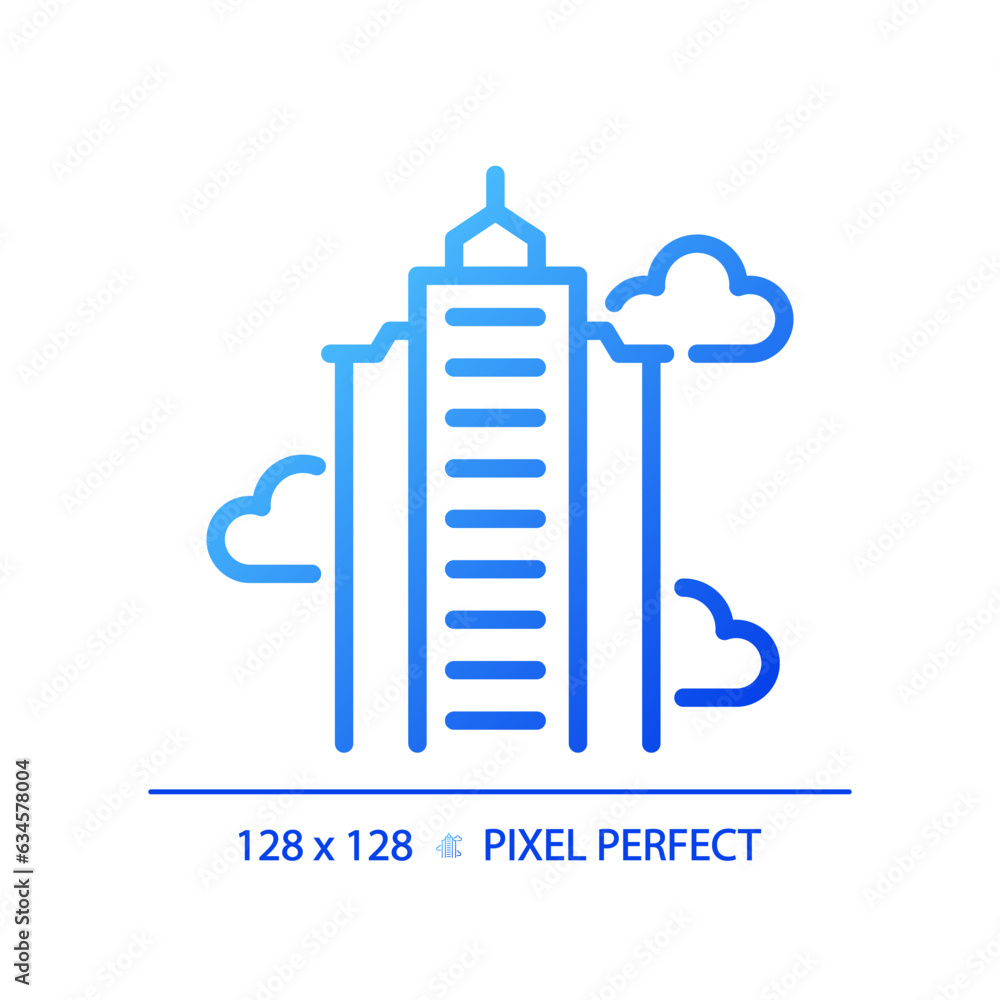 2D pixel perfect blue gradient skyscraper icon, isolated vector, building thin line illustration. 2D pixel perfect blue gradient skyscraper icon, isolated vector, building thin line illustration.