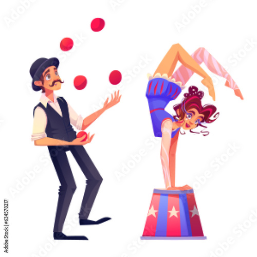 Male juggler and female acrobat isolated on white background. Vector cartoon illustration of circus performer juggling with balls, flexible contortionist standing on hands on podium. Talent festival