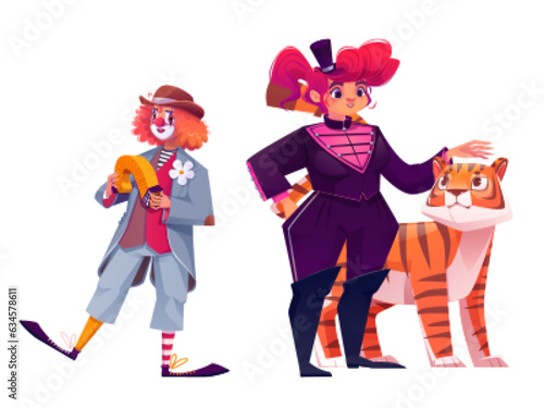 Male clown and female animal tamer isolated on white background. Vector cartoon illustration of circus comedian playing accordion, woman in costume and tiger performing on arena. Talent festival
