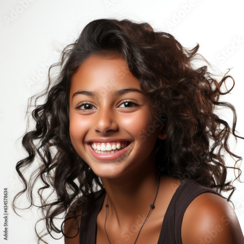 A professional studio head shot of a giddy 14-year-old Indian girl with a wide grin.