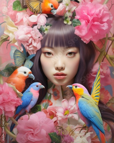 A young girl stands confidently  adorned with a vibrant array of parrots and other birds nestled around her neck like a beautiful flowery wreath  their feathers glimmering in the light like a thousan