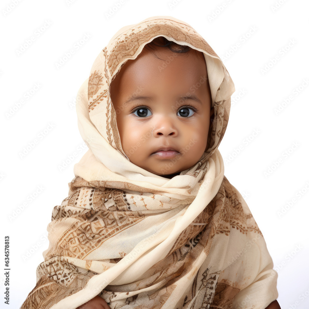 Studio shot of a Maldivian toddler in soft traditional fabrics, isolated on a pure white background. Studio shot of a Maldivian toddler in soft traditional fabrics, isolated on a pure white background.