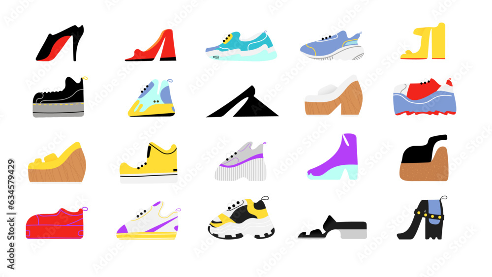 Obraz premium 2° Vector Collection Men's, Women's and children's footwear. Stylish shoes, sandals and boots icons set 