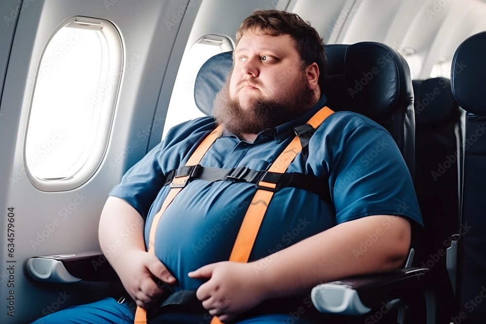 Problem of Fat obese Man passenger fastening Seat belt on airplane. Generation AI. Problem of Fat obese Man passenger fastening Seat belt on airplane. Generation AI.