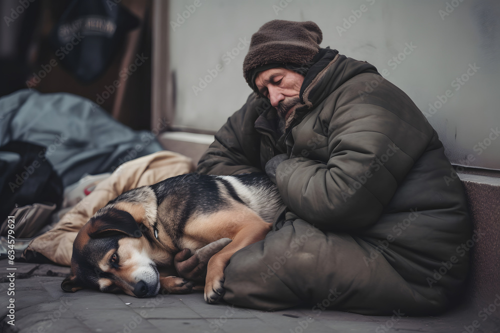 Fototapeta premium Portrait homeless dirty tramp hugging his dog. Concept friendship lifestyle. Generation AI