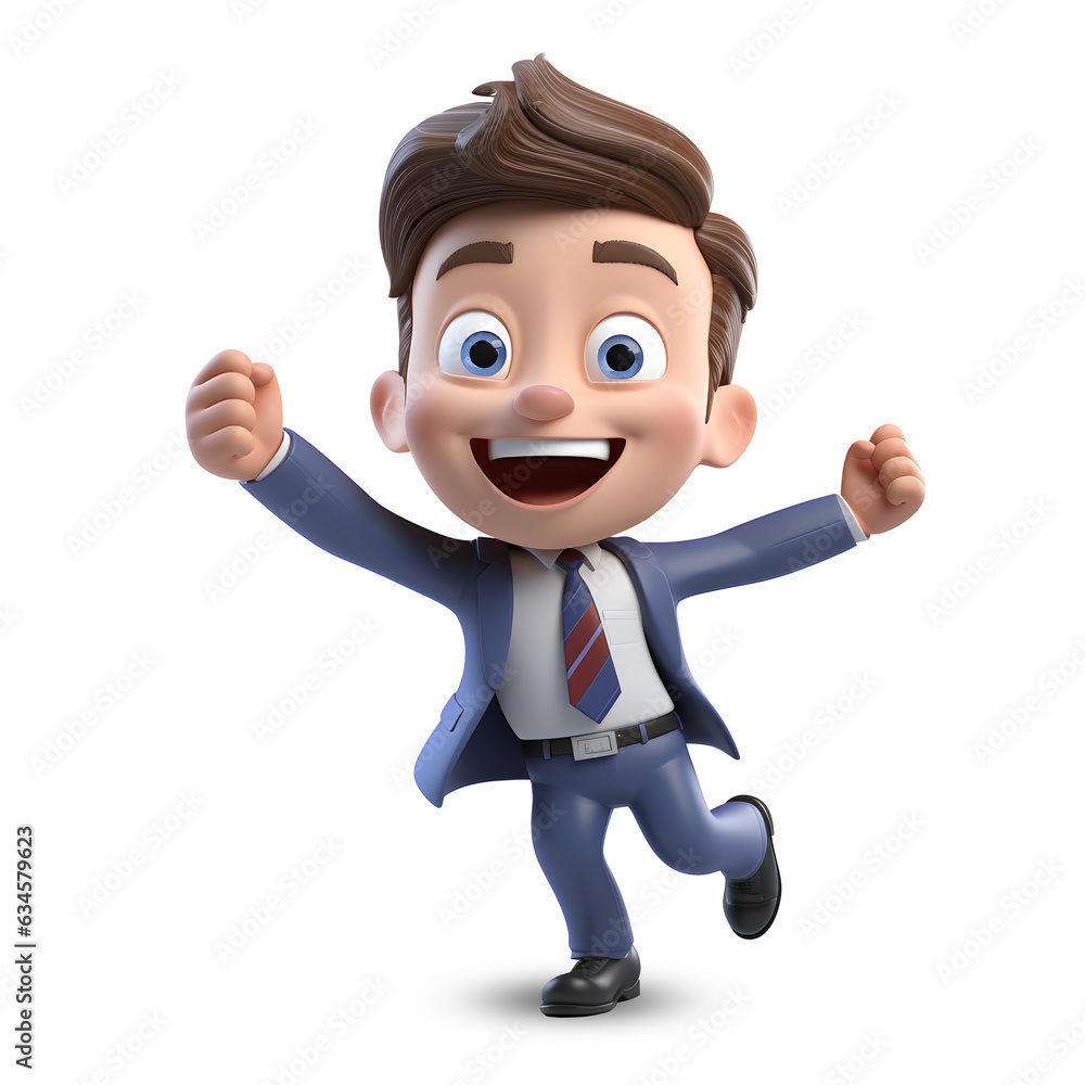 Cute 3D young businessman character showing joy Cute 3D young businessman character showing joy