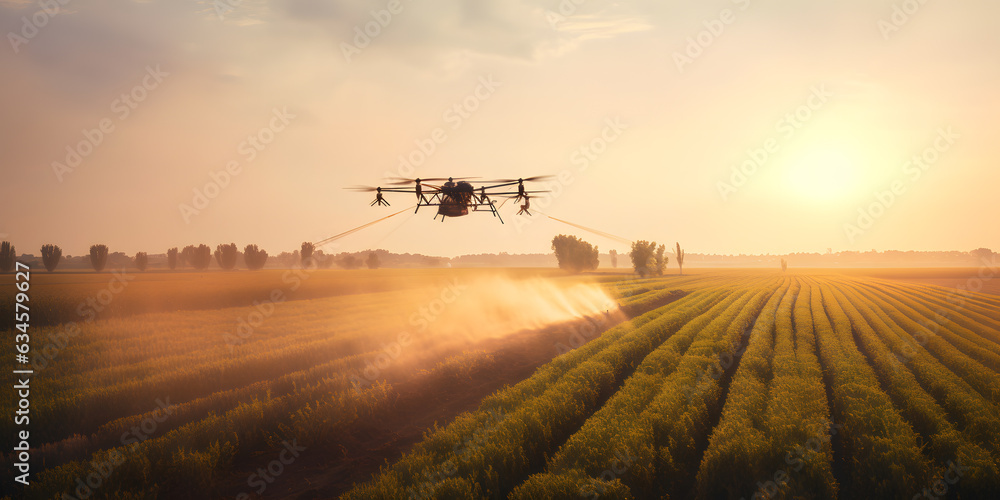Agronomist drone observes and checks growth and health of tobacco leaves. Concept robots agricultural industry. Generation AI - obrazy, fototapety, plakaty 