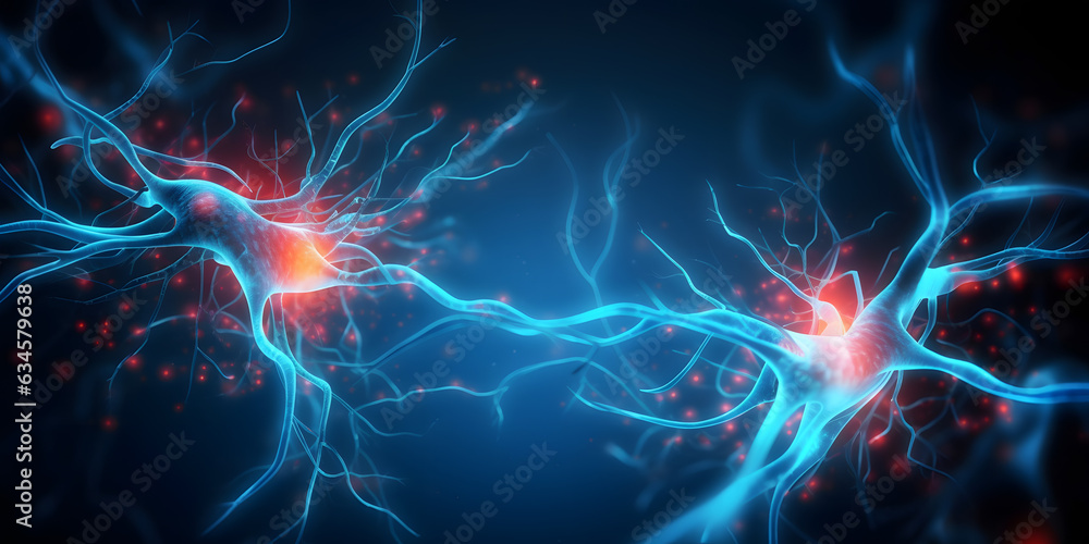 Nerve cell blue color banner, system neuron of brain with synapses. Medicine biology background. Generation AI - obrazy, fototapety, plakaty 