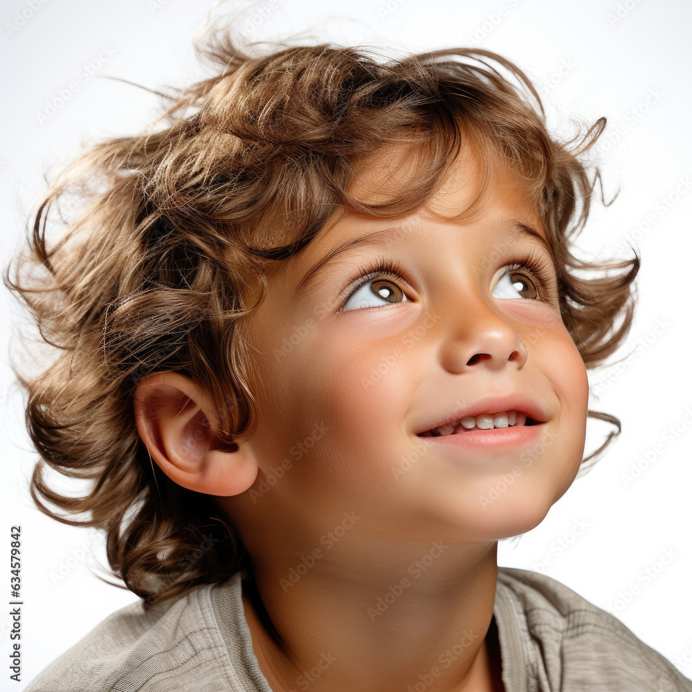 A professional studio headshot capturing the whimsical daydreams of a 5-year-old Lebanese boy.